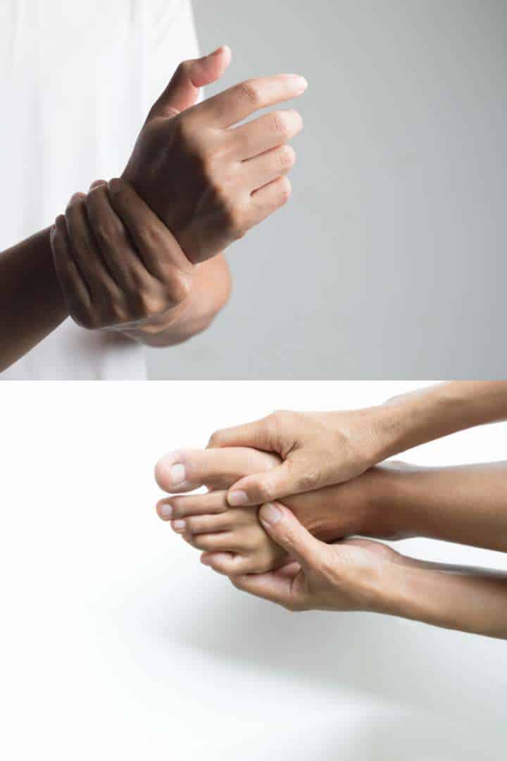 person holding wrist, person holding foot collage